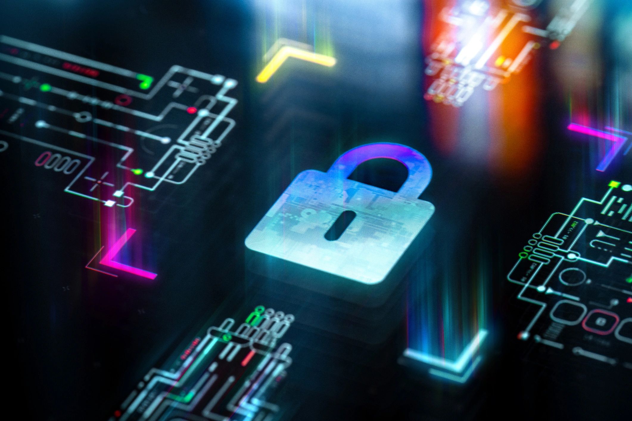 Futuristic lock icon representing cybersecurity protection